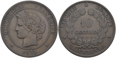 ФРАНЦИЯ 10 САНТИМОВ 1872 A, ТРЕТЬЯ РЕСПУБЛИКА (1871-1940) KM 815.1, LA FRANC 135.8 бронза 97-1034