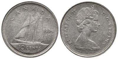 Канада 10 центов 1975 Елизавета II (1952-2022), парусник KM 77.1 никель 73-1731