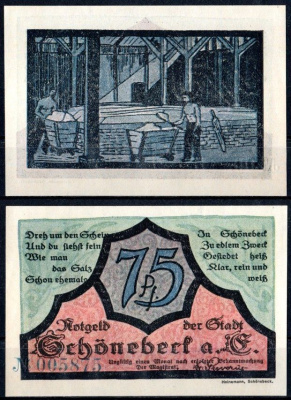 Шёнебек-на-Эльбе (Пруссия, Саксония) 75 пфеннигов 1921 Mehl Grabowski 1196.2a-1/2 бумага UNC (пресс) 7553-11-3-1