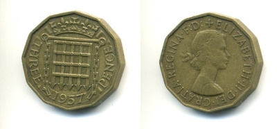 Великобритания 3 пенса 1957 Елизавета II (1952-2022) KM 900, Spink 4153 никель латунь 80-1052