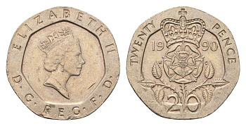 Великобритания 20 пенсов 1990 Елизавета II (1952-2022) KM 939, Spink 4361 (G2) медно-никель 4684-1018