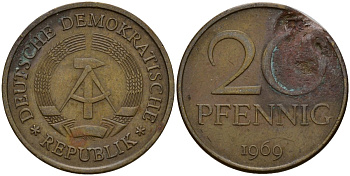 ГДР 20 пфеннигов 1969 А, первый год KM 11 латунь 77-1044