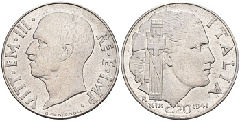 ИТАЛИЯ 20 ЧЕНТЕЗИМО 1941 R, ГОД XIX, ВИКТОР ЭММАНУИЛ III (1900-1946) KM 75b, VEM3. 1028 нержавеющая сталь 3853-1036