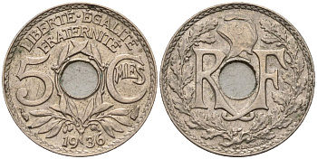 Франция 5 сантимов 1936 KM 875 медно-никель 4596-641