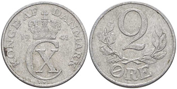 ДАНИЯ 2 ЭРЕ 1941 N; S, КРИСТИАН X (1912-1947) KM 833 алюминий 67-523