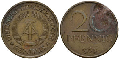 ГДР 20 пфеннигов 1969 А, первый год KM 11 латунь 77-1044
