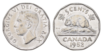 Канада 5 центов 1952 Георг VI (1936-1952), бобер KM 42a хромированная сталь 75-1642