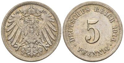 Германия 5 пфеннигов 1914 A, KM 11, J. 12 медно-никель 220-738