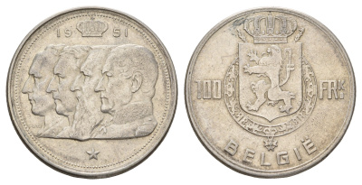 Бельгия 100 франков 1951 Бодуэн I (1951-1993), Belgiqe KM 139 серебро 1519-845