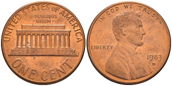 США 1 ЦЕНТ 1983 D, ЛИНКОЛЬН KM 201b цинк плакированный медью 188-226