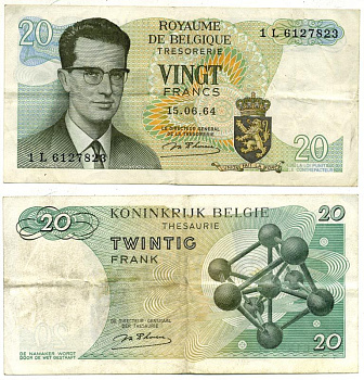Бельгия 20 франков 1964 Бодуэн I, атомиум, d Haeze Pick 138 (1) бумага 8614-21-4-2