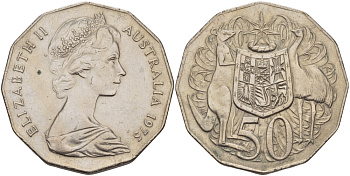 Австралия 50 центов 1975 Елизавета II (1952-2022), герб Австралии, кенгуру KM 68 медно-никель 32-1145