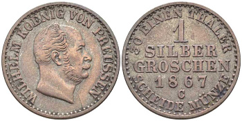 ПРУССИЯ 1 ГРОШ 1867 С, ВИЛЬГЕЛЬМ I (1861-1888) KM 485 серебро 201-641