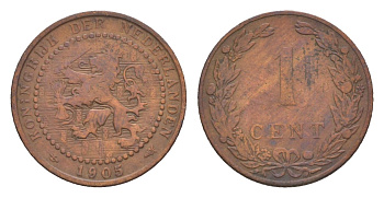 Нидерланды 1 цент 1905 Вильгельмина (1890-1948) KM 132 бронза 73-231