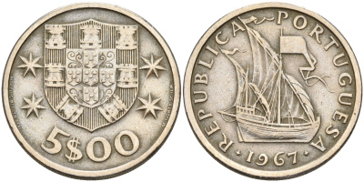 Португалия 5 эскудо 1967 парусник KM 591 медно-никель    4161-754