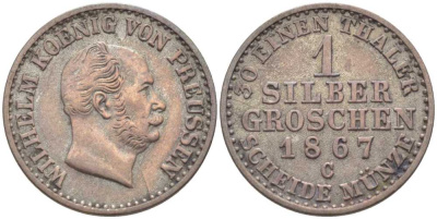 ПРУССИЯ 1 ГРОШ 1867 С, ВИЛЬГЕЛЬМ I (1861-1888) KM 485 серебро 201-641