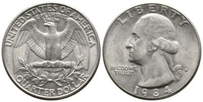 США 25 центов (квотер) 1984 D, Вашингтон KM А164а медь плакированная медно-никелем 23-122