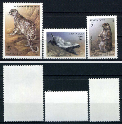 СССР набор из 3 марок (5, 10 и 15 копеек) 1987 Млекопитающие, занесенные в Красную книгу СССР - сурок Мензбира, медоед, ирбис Загорский 5763, 5764 и 5765    марка с оригинальным клеем, без следов наклейки (чистая) 8707-5-1-1