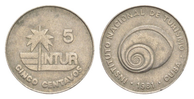 Куба 5 сентаво 1981 INTUR, номинал с цифрой 5 KM 412.1 медно-никель 4644-666