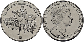 Британские Виргинские острова 1 доллар 2014 в память героев первой мировой войны, солдат верхом на верблюде KM NEW медно-никель UNC 4386-713