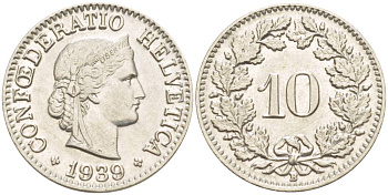 ШВЕЙЦАРИЯ 10 РАППЕНОВ 1939 В KM 27 медно-никель 216-1231