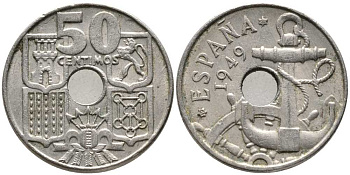 ИСПАНИЯ 50 СЕНТИМО 1949 (62) ФРАНСИСКО ФРАНКО ДИКТАТОР ИСПАНИИ (1939-1975), МОРСКАЯ АТРИБУТИКА KM 777 медно-никель 110-936