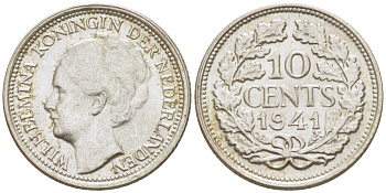 Нидерланды 10 центов 1941 Вильгельмина I (1890-1948) КМ 163 серебро aUNC 84-959