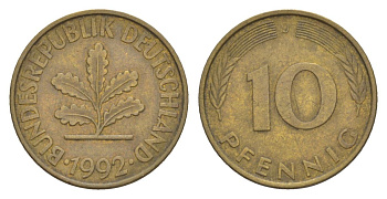 Германия 10 пфеннигов 1992 J KM 108, J. 383 сталь плакированная латунью 4627-131