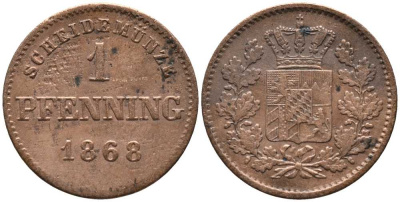Бавария 1 пфенниг 1868 Людвиг II (1864-1886) KM 471 медь 116-816