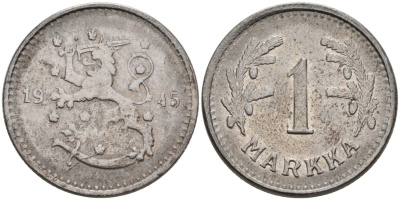 ФИНЛЯНДИЯ 1 МАРКА 1945 S KM 30b железо 4563-653