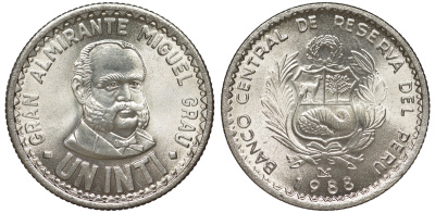 Перу 1 инти 1988 LIMA, Мигель Грау KM 296 медно-никель UNC 4605-343