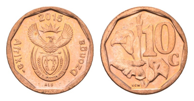 ЮАР 10 центов 2015 герб, цветок алоэ сталь плакированная бронзой UNC 4687-527
