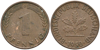 ФРГ 1 пфенниг 1950 D KM 105, J.380 сталь плакированная медью 4174-612