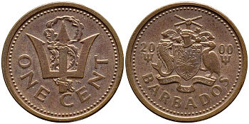 Барбадос 1 цент 2000 сломанный трезубец Британии KM 10а цинк плакированный медью 4398-616