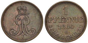 Ганновер 1 пфенниг 1860 B, Георг V KM 233, AKS 156, J. 90 медь 4594-521
