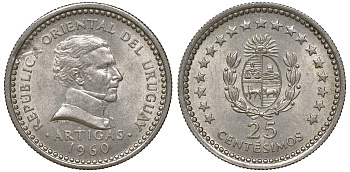 Уругвай 25 сентесимо 1960 KM 40 медно-никель 4169-916