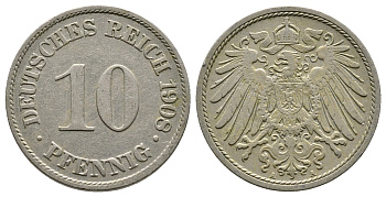 Германия 10 пфеннигов 1908 A KM 12, J. 13 медно-никель 4364-2853