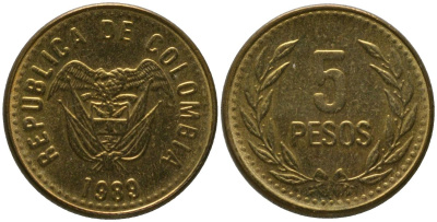 Колумбия 5 песо 1989 KM 280 алюминиевая бронза 4528-253
