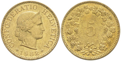 Швейцария 5 раппенов 1982 KM 26с алюминий латунь 105-812