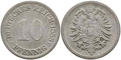 ГЕРМАНИЯ 10 ПФЕННИГОВ 1888 G, СТАРОГЕРБОВКА, KM 4, J. 4 медно-никель 85-921