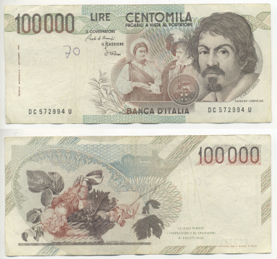 Италия 100000 лир 1983 Караваджо, фруктовый букет, подпись Speziali Pick 110b бумага 7220-28-2