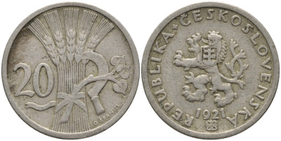 Чехословакия 20 геллеров 1921 KM 1 медно-никель 71-1516
