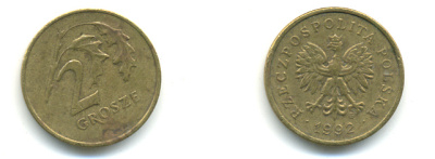 ПОЛЬША 2 ГРОША 1992 MW KM 277 латунь 176-751