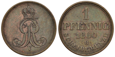 Ганновер 1 пфенниг 1860 B, Георг V KM 233, AKS 156, J. 90 медь 4594-521