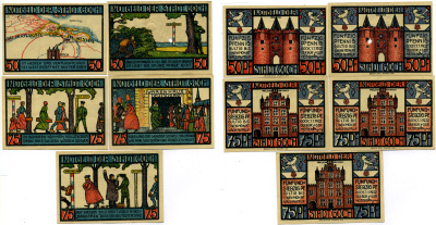 ГОХ НАБОР ИЗ 5 БАНКНОТ 1922 1 ЯНВАРЯ 1922, НОТГЕЛЬД (50, 50, 75, 75, 75 ПФЕННИГОВ), НОМЕР 1, 2, 4, 5, 6, ЗЕМЛЯ СЕВЕРНЫЙ РЕЙН-ВЕСТФАЛИЯ Grabowski 445.3а бумага 2193-6-3-2