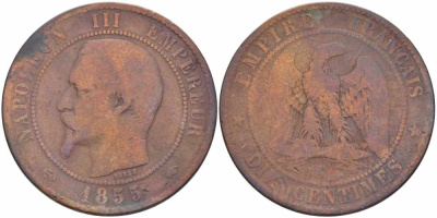 Франция 10 сантимов 1855 A, Наполеон III (1852-1870) KM 771.1, Le Franc 133.19 бронза    4680-511