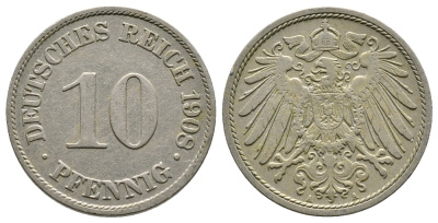 Германия 10 пфеннигов 1908 A KM 12, J. 13 медно-никель 4364-2853