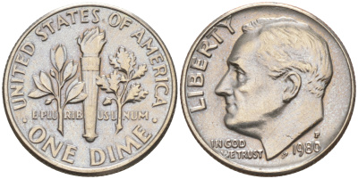 США 10 центов = дайм 1980 P, Рузвельт KM 195a медь плакированная медно-никелем 188-433