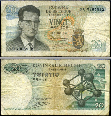 Бельгия 20 франков 1964 Бодуэн I, атомиум, Kestens Pick 138 (3) бумага 7221-13-3-2