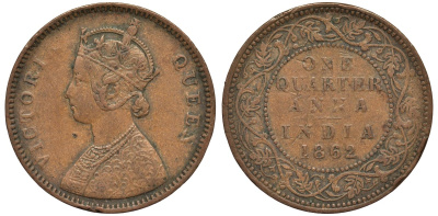 Британская Индия 1/4 анна 1862 Виктория (1837-1901) KM 467 медь 4556-416